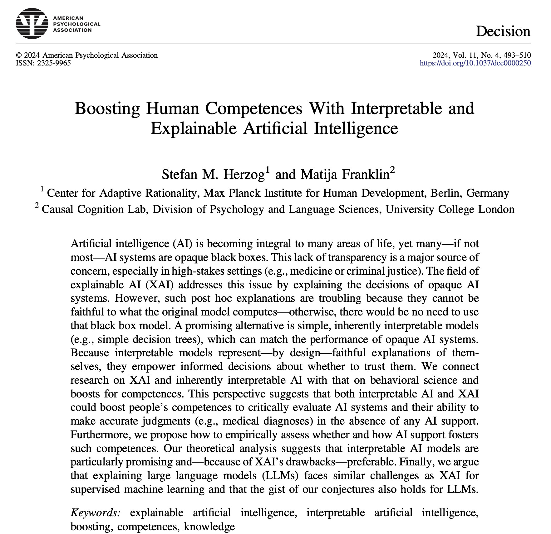 Conceptual paper on boosting human competences with interpretable and explainable artificial intelligence